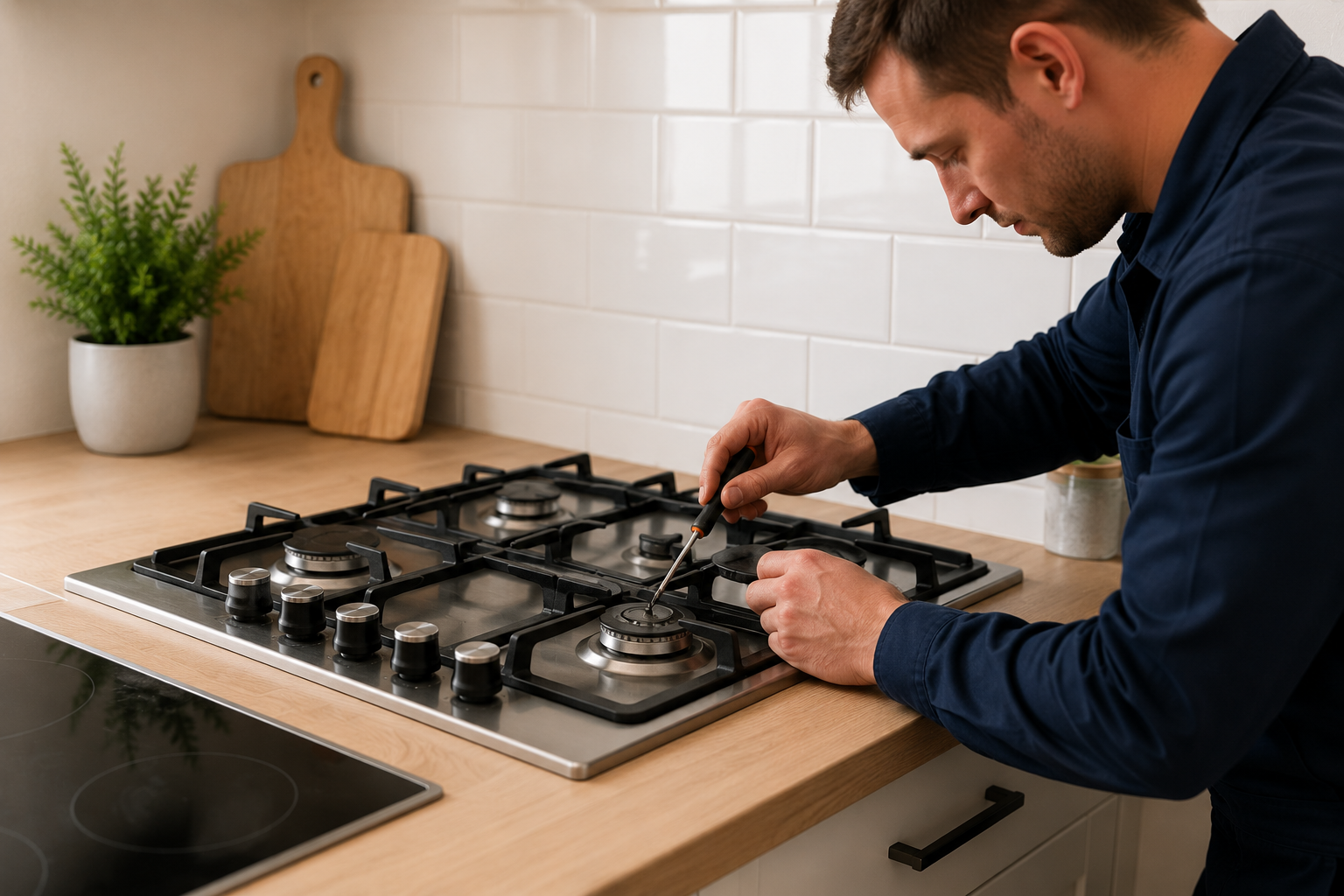 Engineer servicing and adjusting a gas cooker hob with flame testing